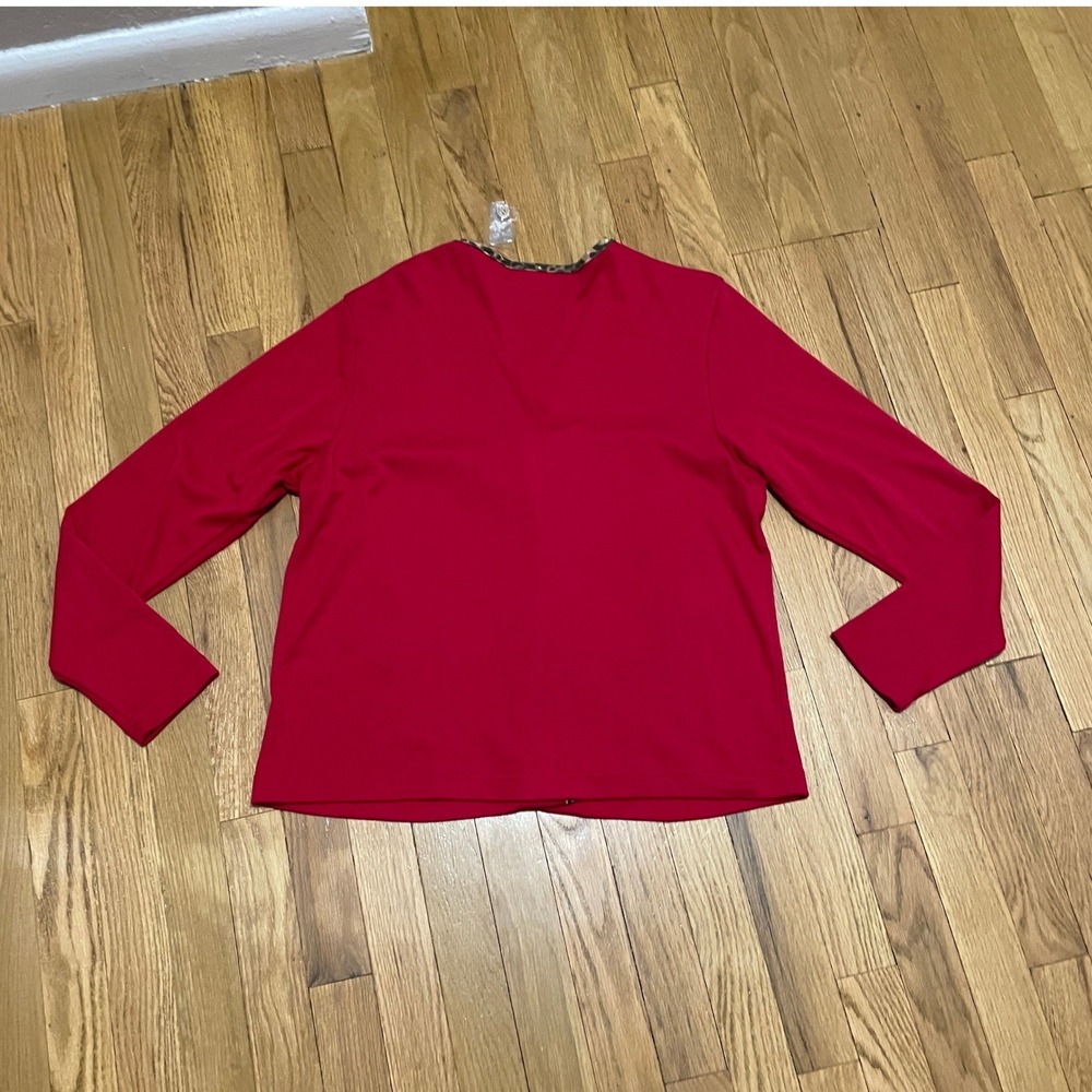 Blair Womens Medium Unique Red Giraffe Graphic Safari Cardigan Leopard Trim NWOT - Picture 4 of 4